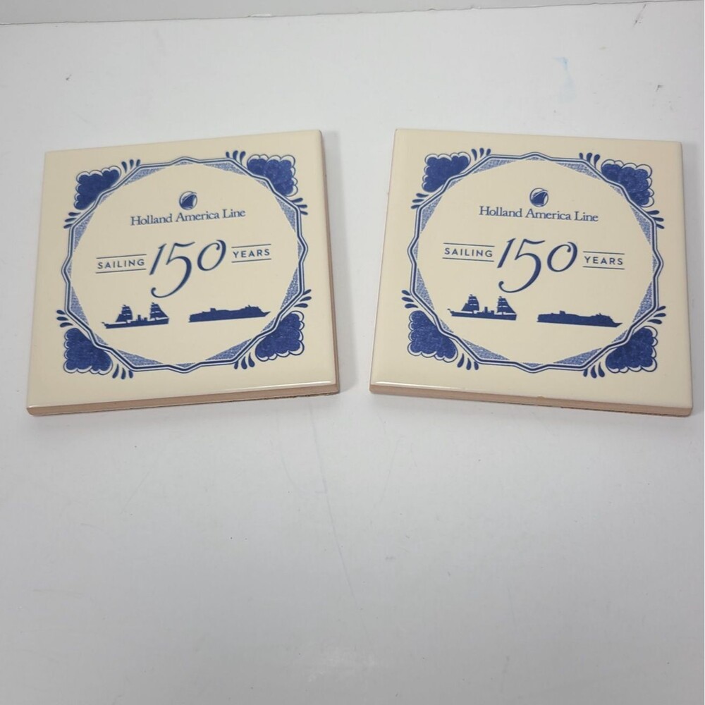 2 Holland America Line SAILING 150 YEARS Royal Goedewaagen Blue Delft Coaster